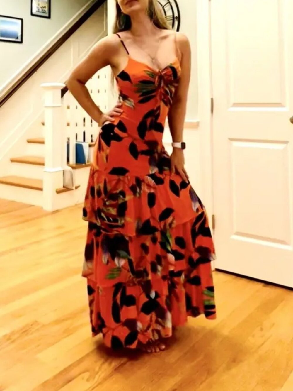 Rachel Roy Amaya Maxi Dress Sunset Vine Tropical Orange Jersey Halter Summer XL - Picture 2 of 8